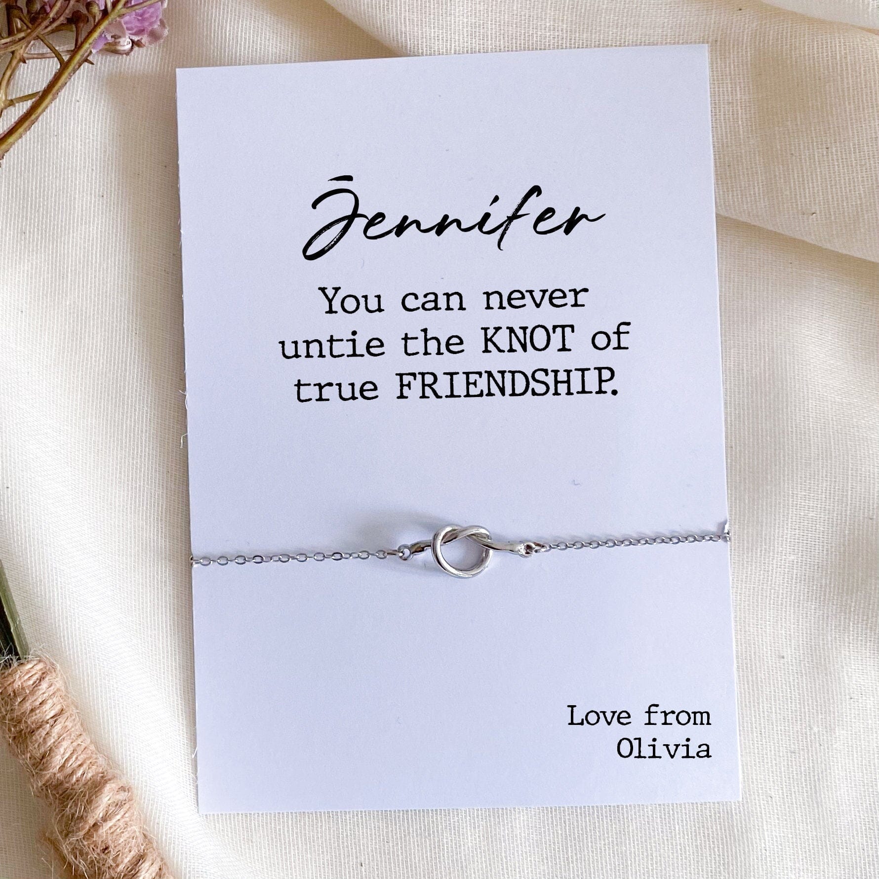Friendship gift, Knot adjustable bracelet with personalised card, Bestie bracelet