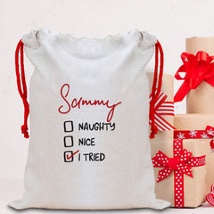 Funny Christmas Sack with a name, Personalised Large Linen Santa Sack, Xmas Bags