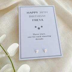 Gift for 30th birthday, 3 star stud earrings, Each star for each decade, Gift for her, Hello thirty