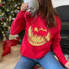 Gold Foil Merry Christmas sweatshirt Eco-sustainable Xmas Jumper adult and kids Santa Reindeer