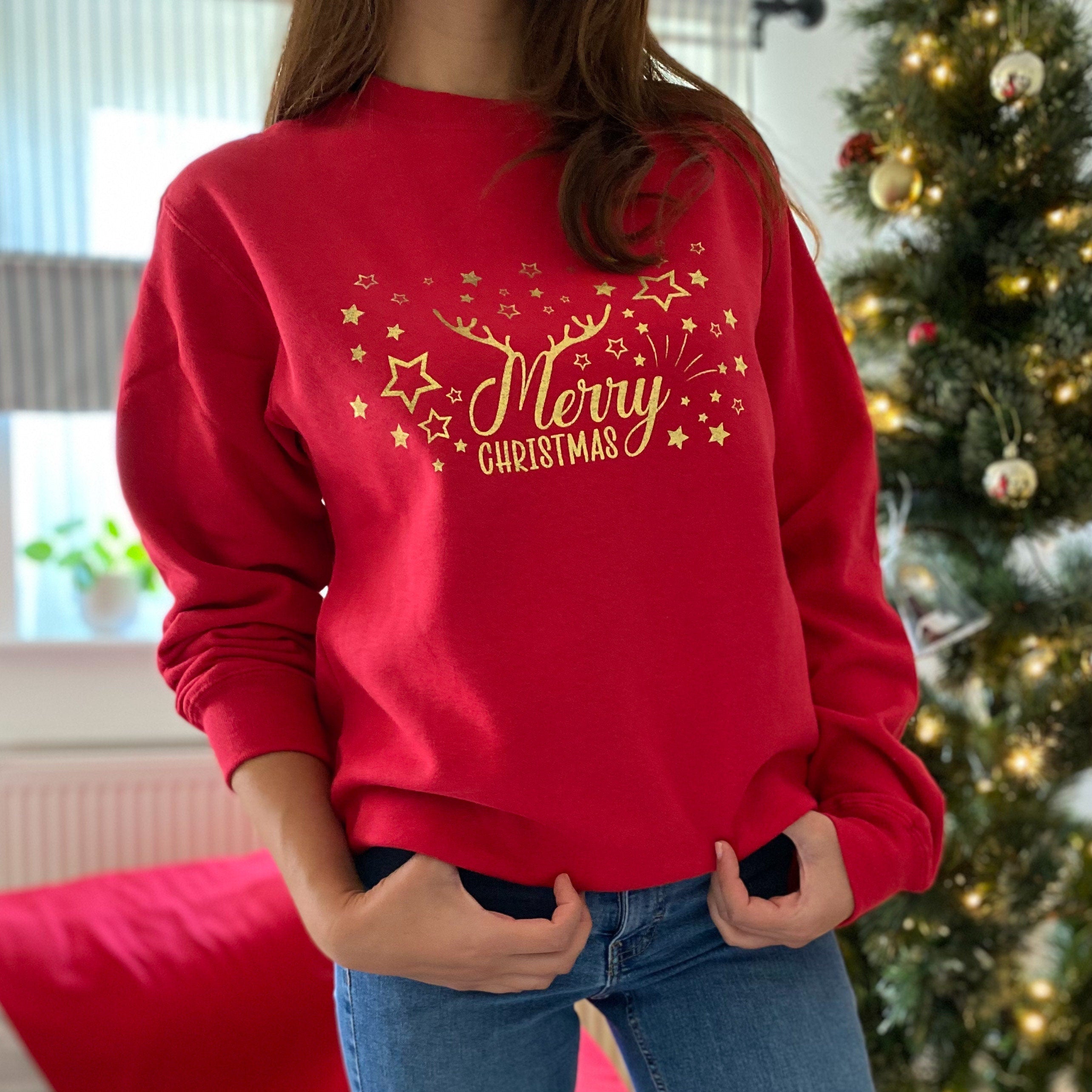 Gold Foil Merry Christmas sweatshirt with reindeer antlers Eco-sustainable Xmas Jumper adult and kids