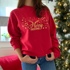 Gold Foil Merry Christmas sweatshirt with reindeer antlers Eco - sustainable Xmas Jumper adult and kids