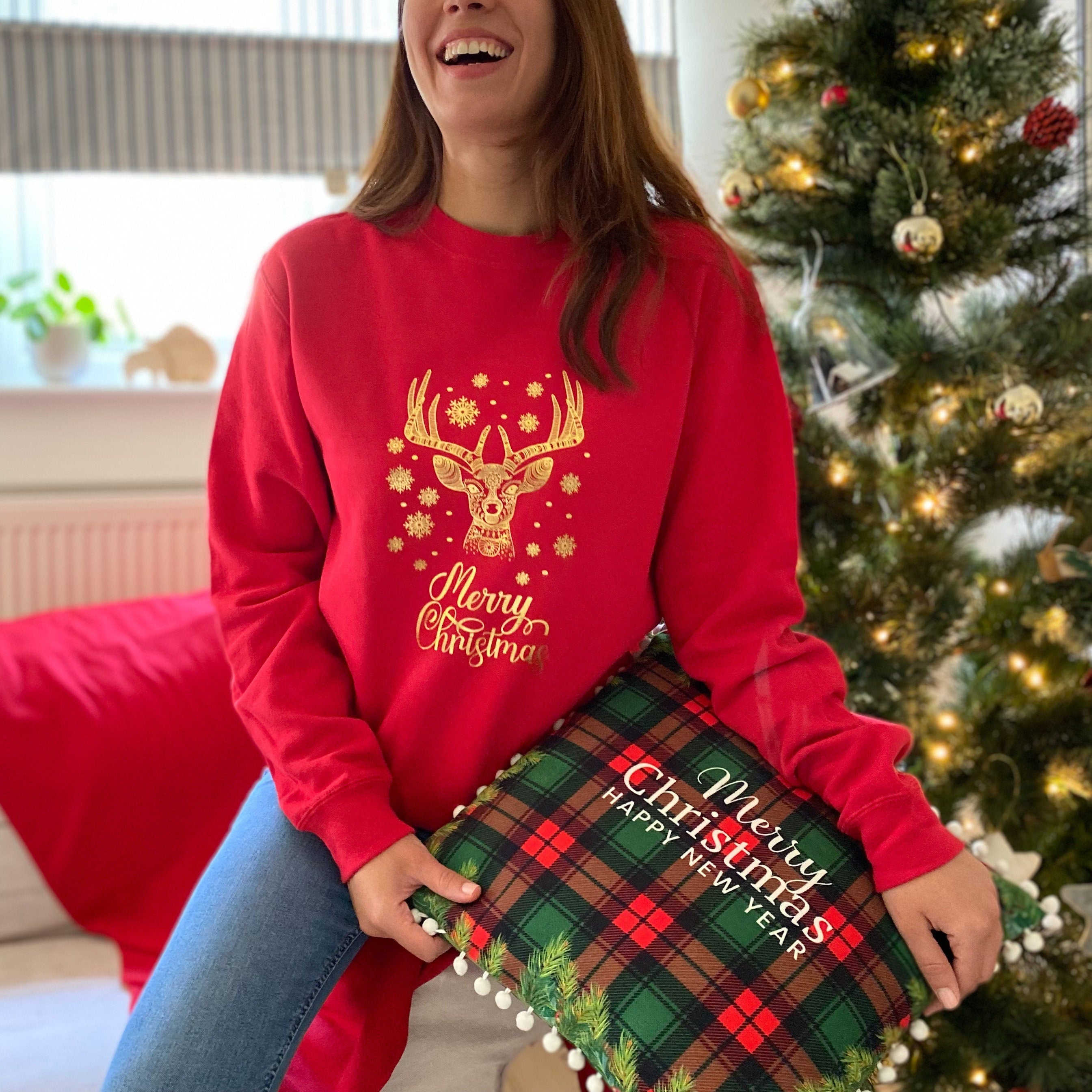 Gold Foil Reindeer Christmas sweatshirt Eco-sustainable Xmas Jumper adult and kids