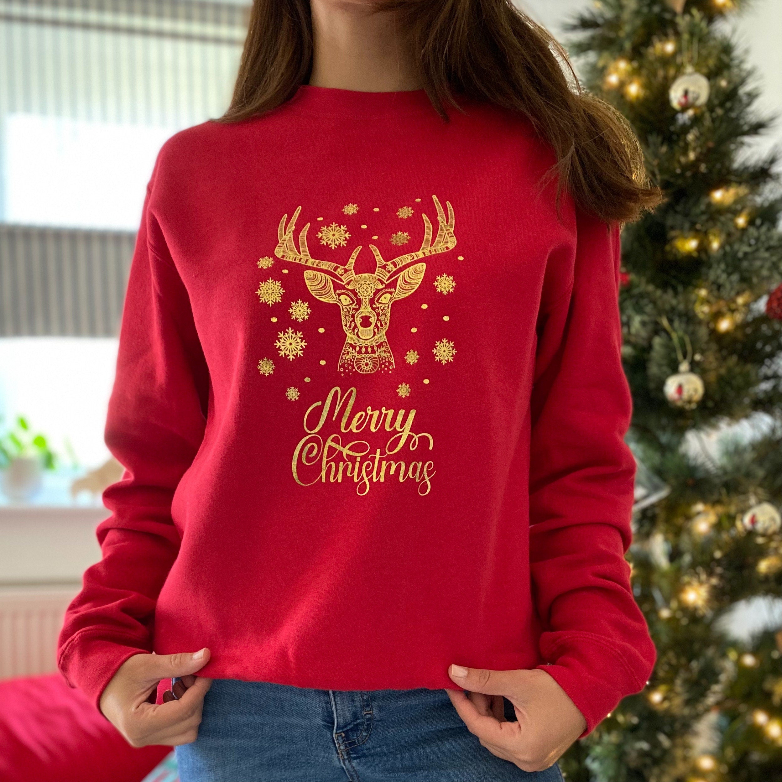 Gold Foil Reindeer Christmas sweatshirt Eco-sustainable Xmas Jumper adult and kids