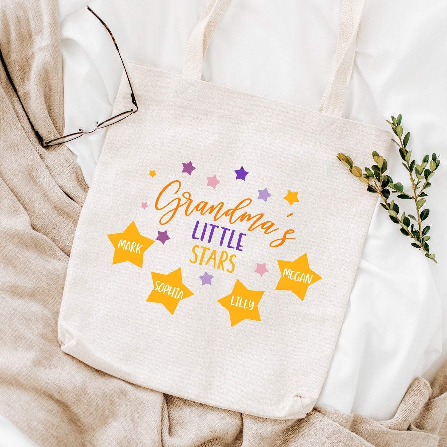 Grandma'S Little Stars Tote Bag, Grandma Shopping Bag With Grandchildren Names