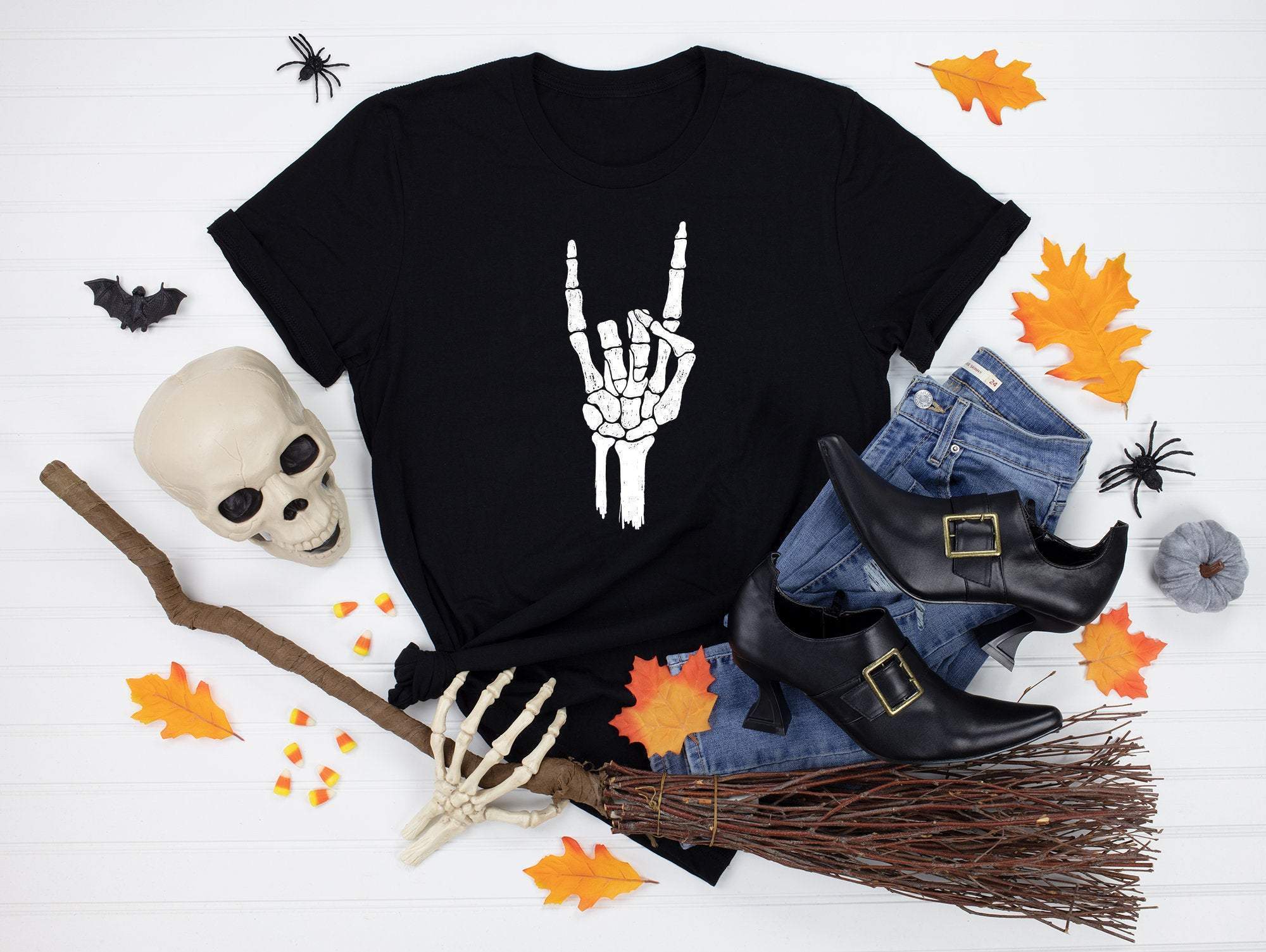 Halloween Costume Skeleton Rocker Hand T Shirt