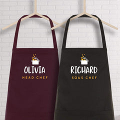 Head chef and Sous chef aprons with name, SET OF 2, Valentine's Day gift, Housewarming GIft