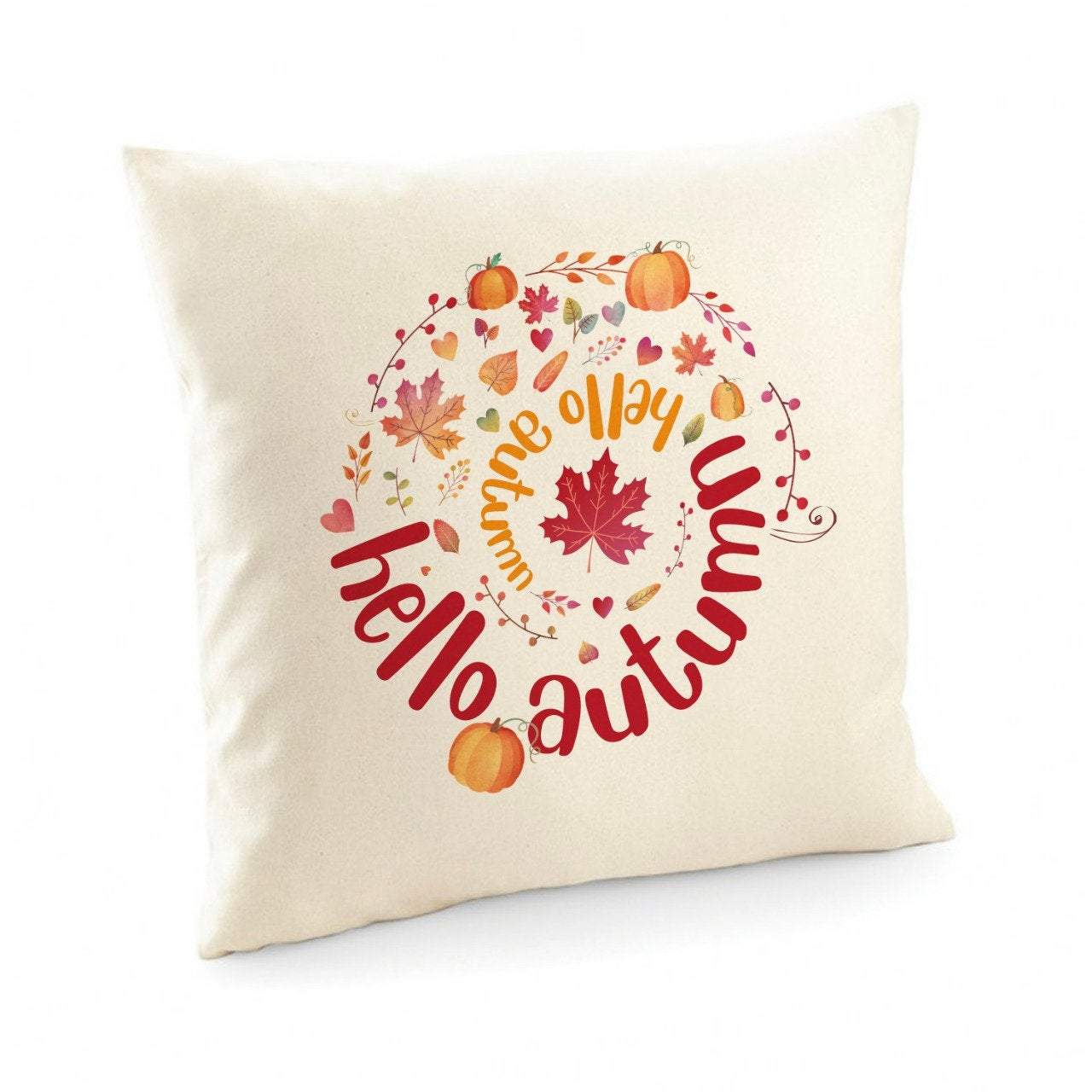 Hello Autumn cushion cover with autumn leaves and pumpkins