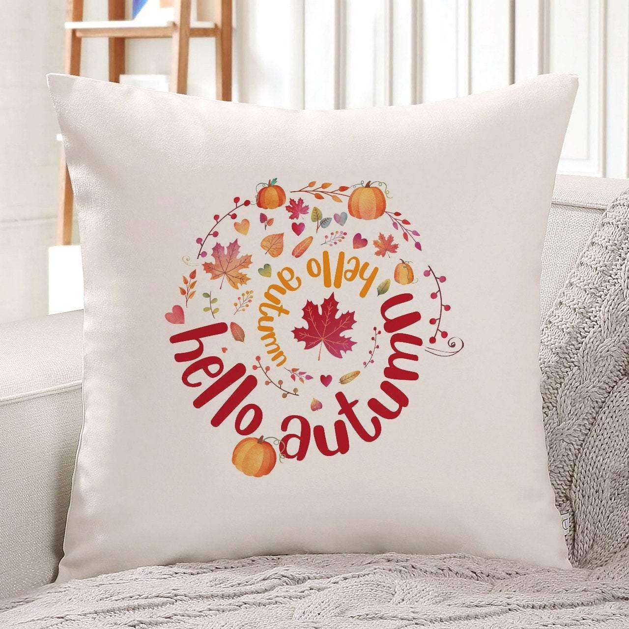 Hello Autumn cushion cover with autumn leaves and pumpkins