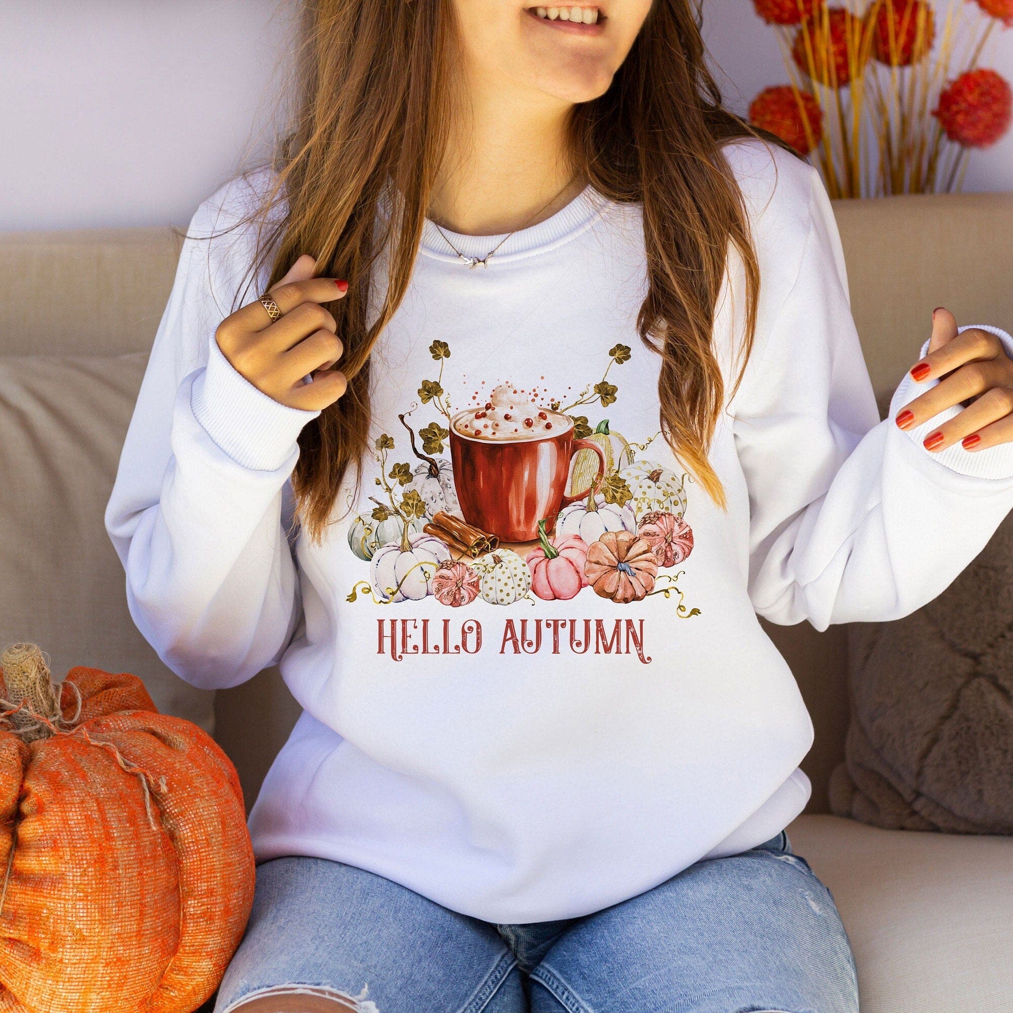 Hello Autumn Jumper, Pumpkin Spice Latte Autumn Leaves, Fall Autumn Love Sweatshirt