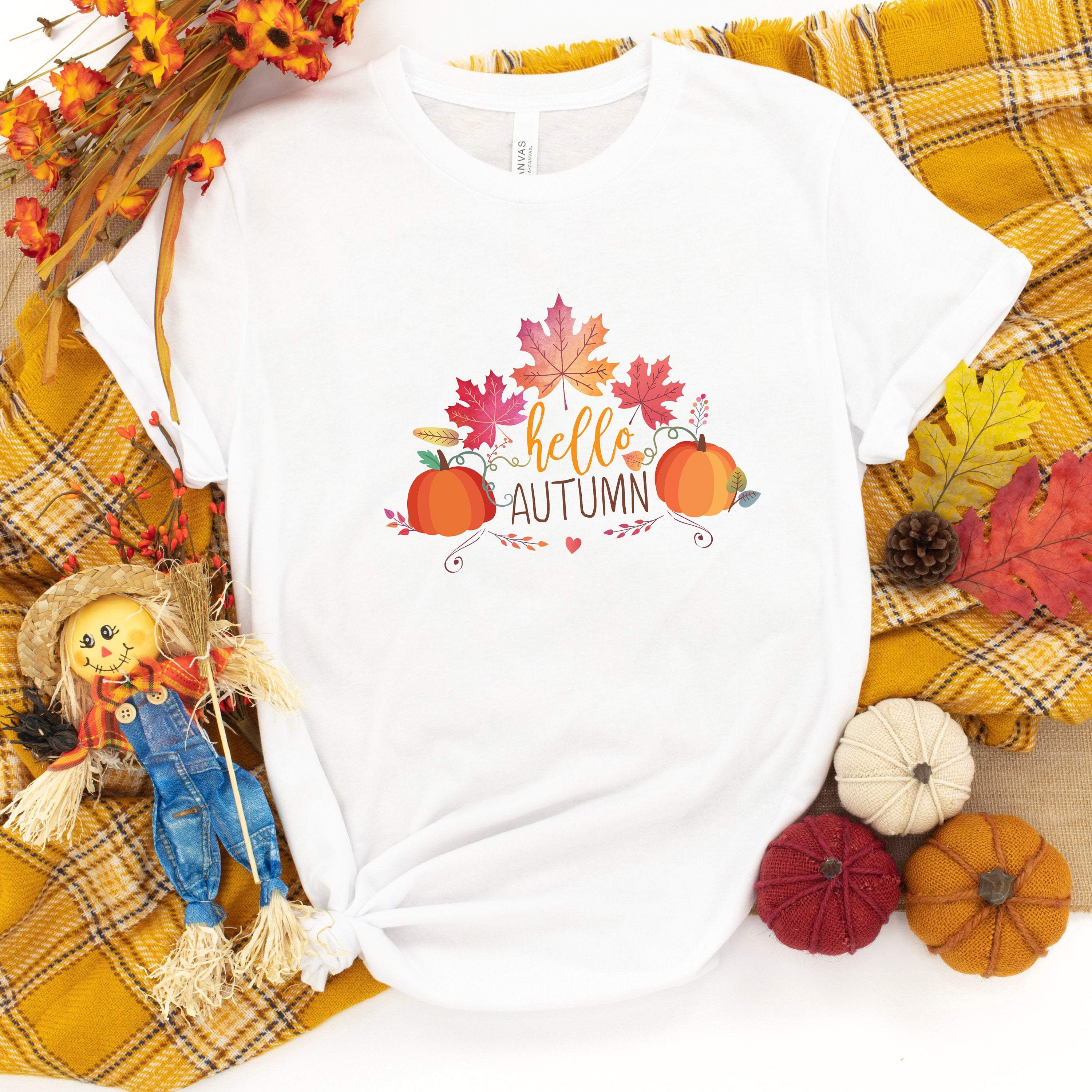 Hello Autumn t-shirt with autumn leaves and pumpkins, Fall Tshirt