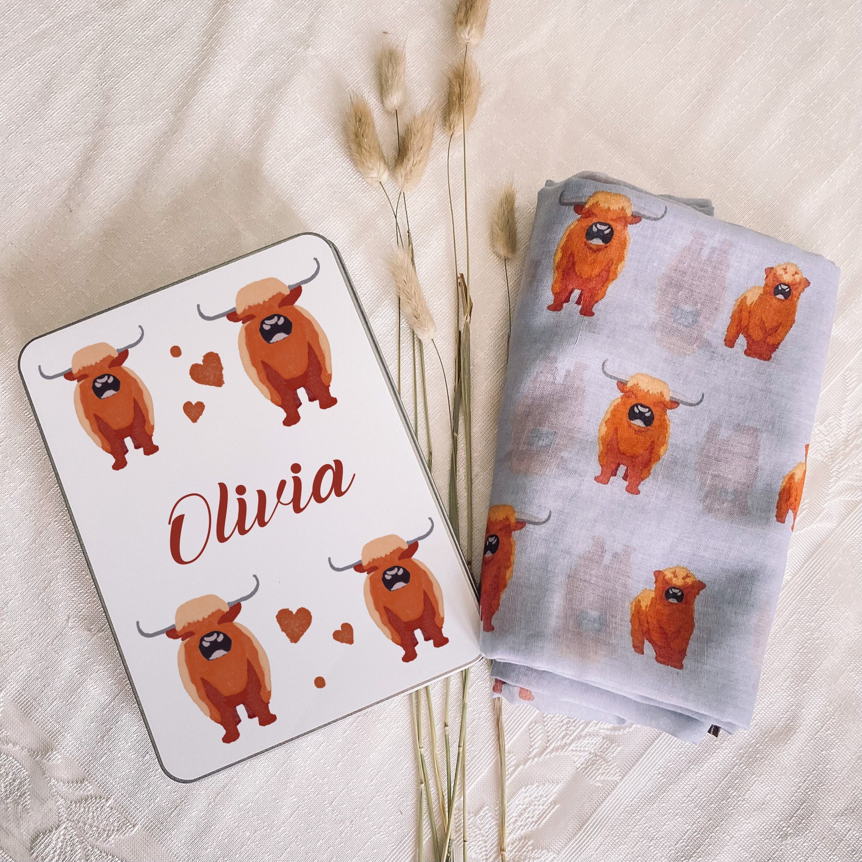 Highland Cow Cotton Scarf In A Personalised Metal Gift Box, Gift For Her, Inspirational Gift, Highland Cow Lover