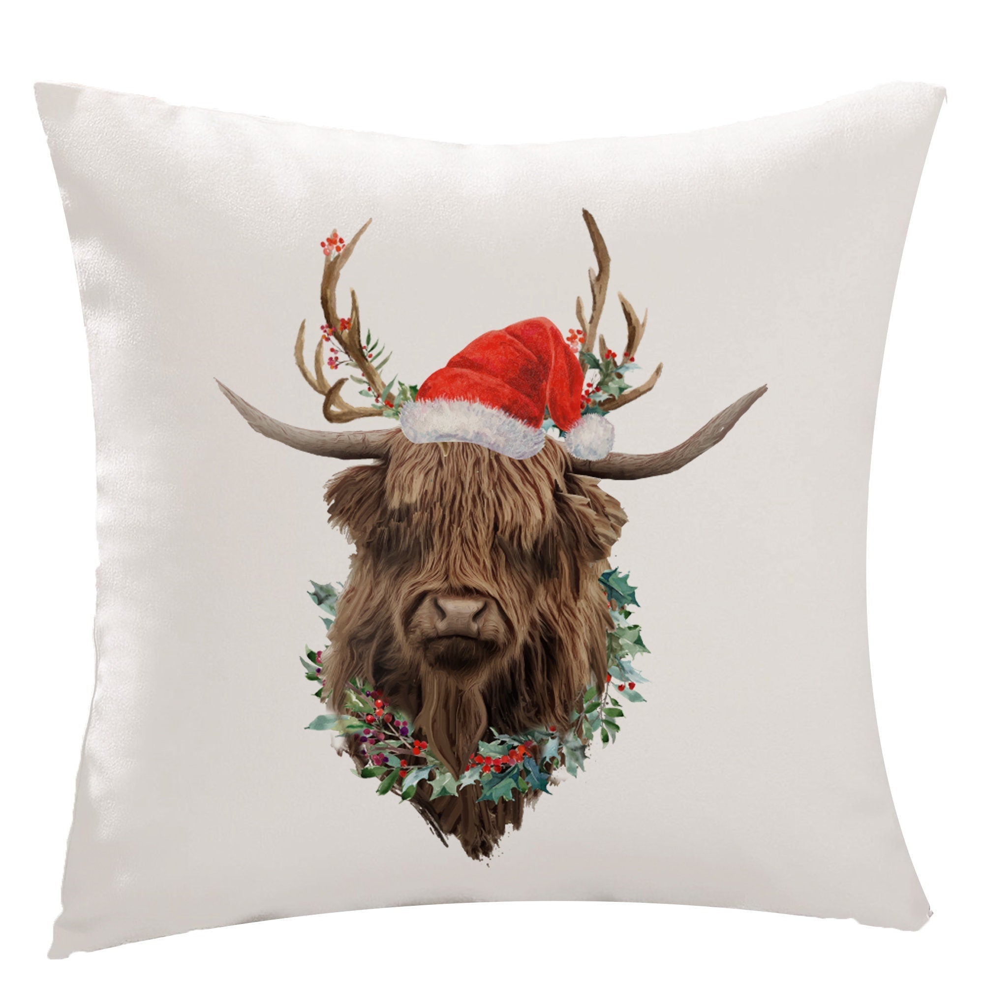 Highland Cow with Santa Hat Cushion Christmas Home Decoration Xmas gift for nature lover