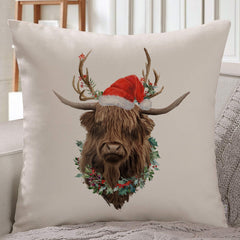 Highland Cow with Santa Hat Cushion Christmas Home Decoration Xmas gift for nature lover