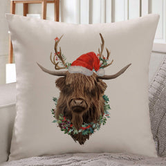 Highland Cow with Santa Hat Cushion Christmas Home Decoration Xmas gift for nature lover