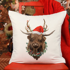 Highland Cow with Santa Hat Cushion Christmas Home Decoration Xmas gift for nature lover
