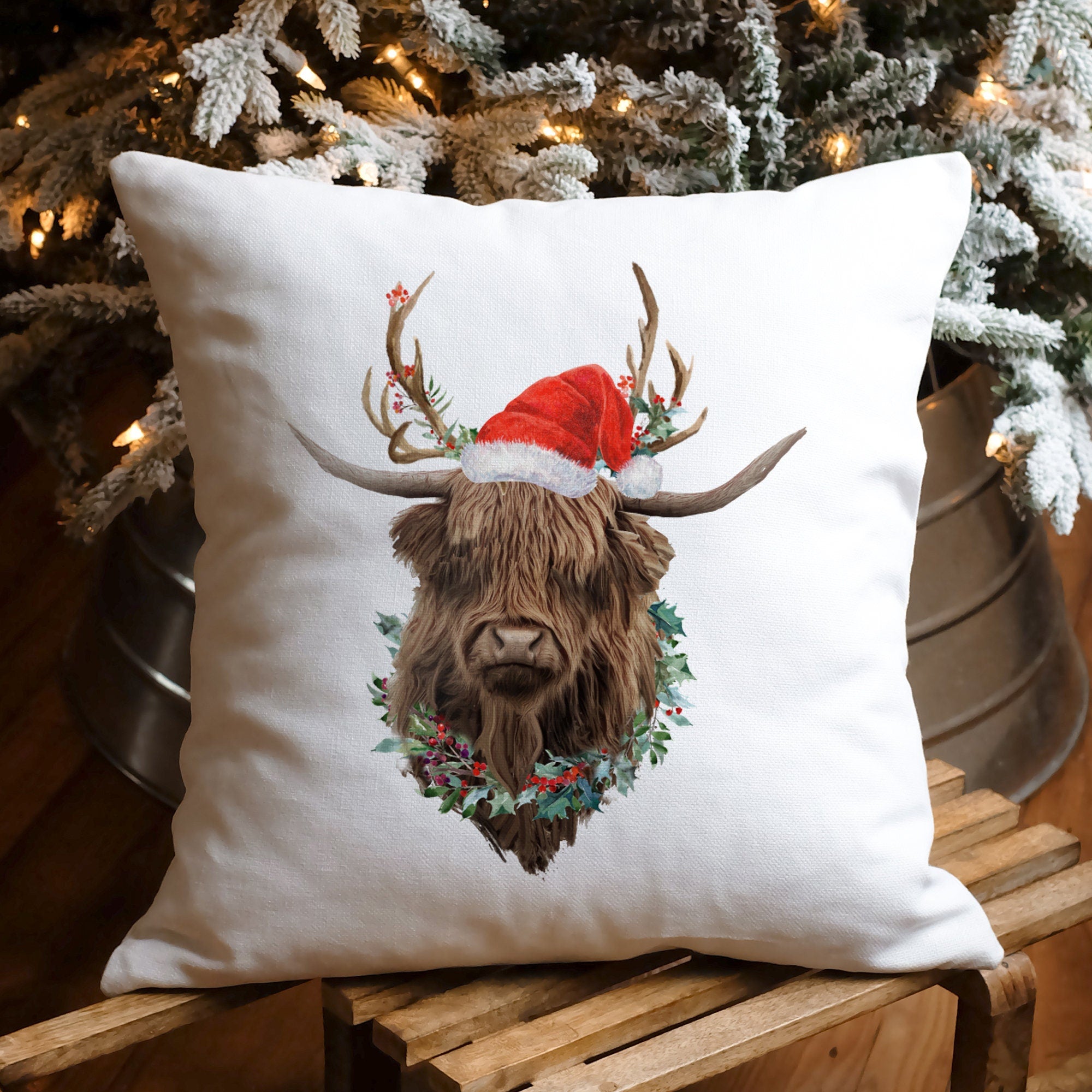 Highland Cow with Santa Hat Cushion Christmas Home Decoration Xmas gift for nature lover