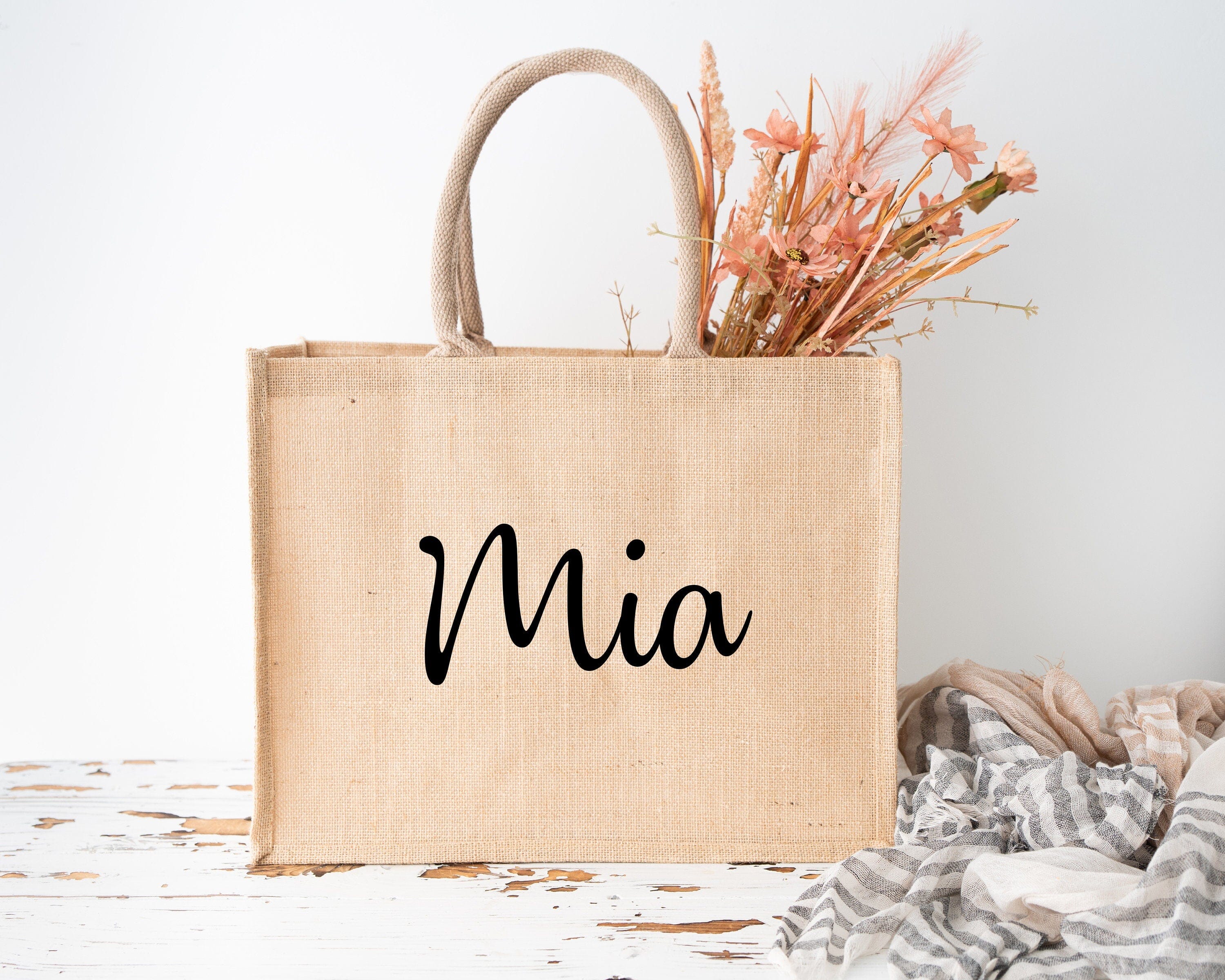 Jute Tote Bag w Name, Personalised gift for Her, Birthday Gift Christmas Gift Wedding Gift