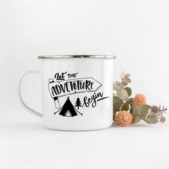 Let the adventure begin enamel mug, Adventure, Hiking, Campfire, Outdoor, Trailer Gift