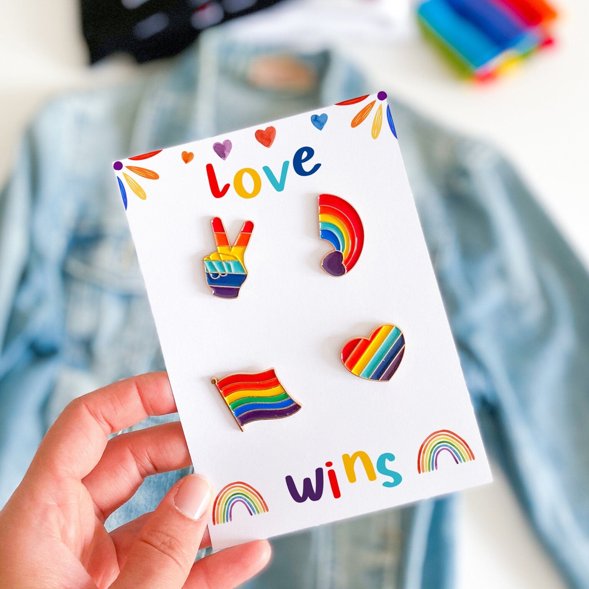 LGBT Pride pin SET of 4, Rainbow flag badge, Lesbian Gay Bisexual Trans Queer Enamel Metal Button