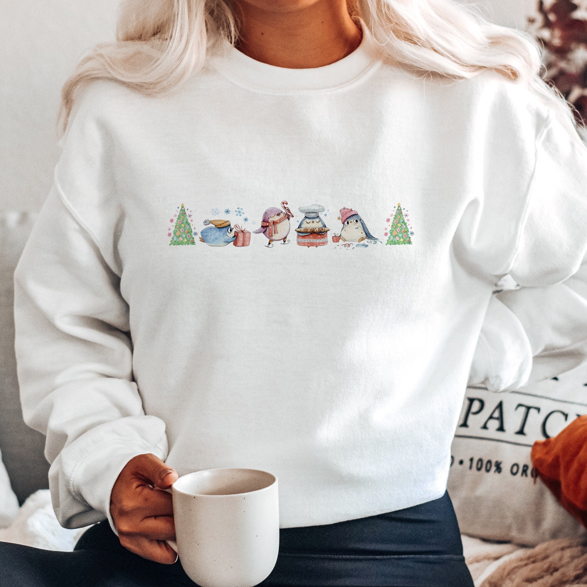 Little Penguins And Tree Christmas Jumper,Xmas Sweatshirt, Cosy Christmas Jumper For Women