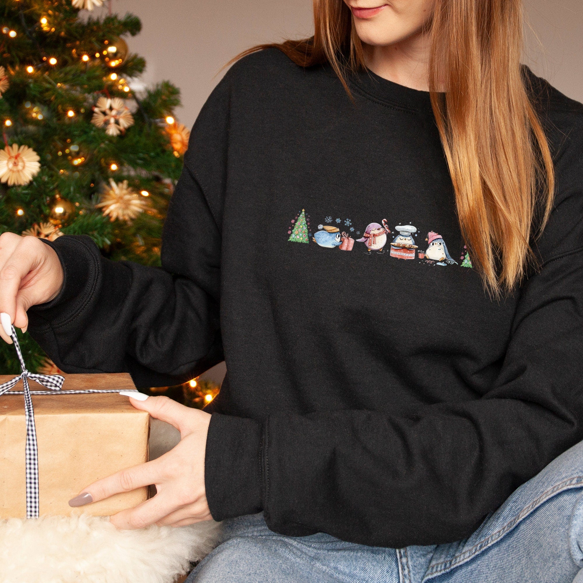 Little Penguins And Tree Christmas Jumper,Xmas Sweatshirt, Cosy Christmas Jumper For Women