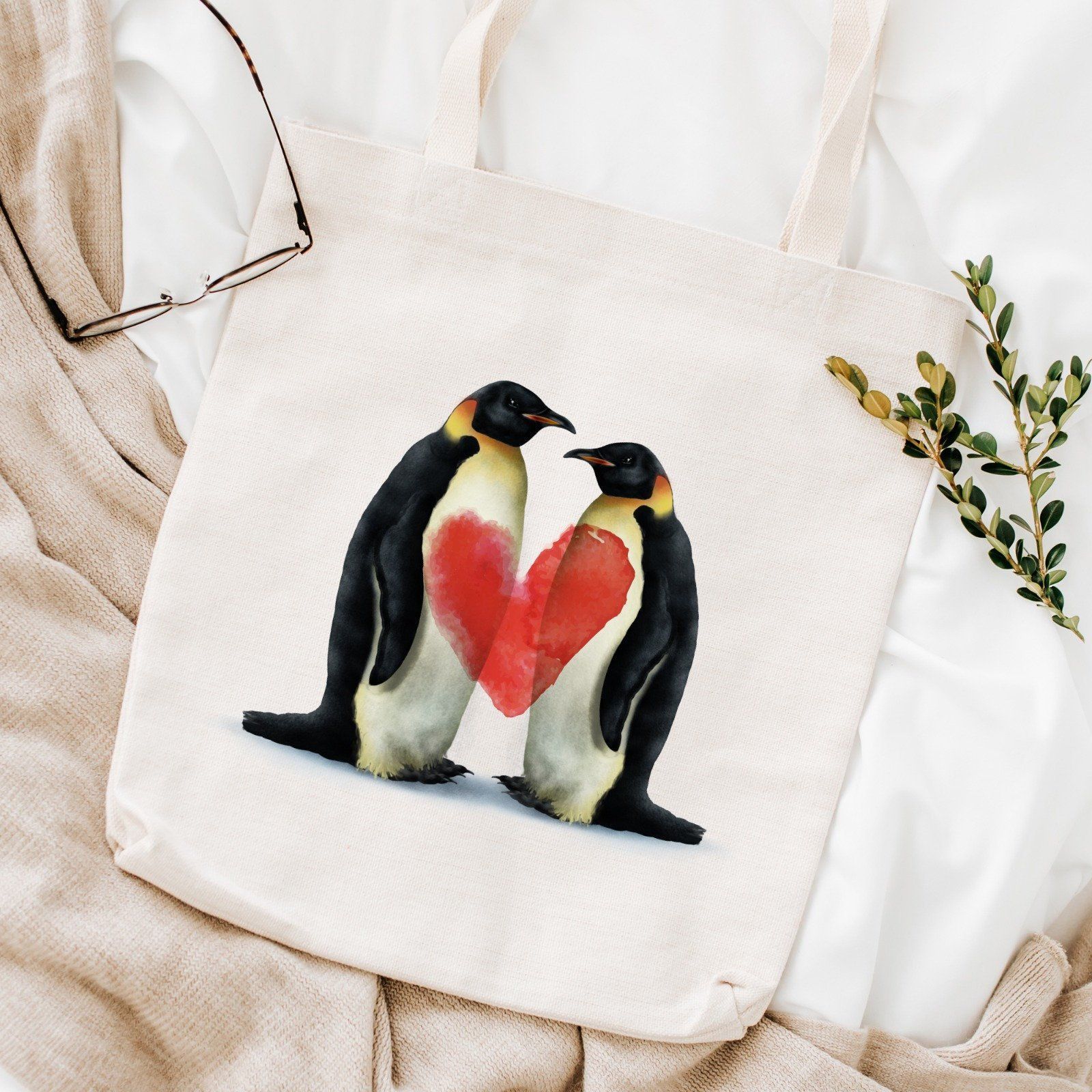 Love tote bag with penguin couple, Valentine's Day gift