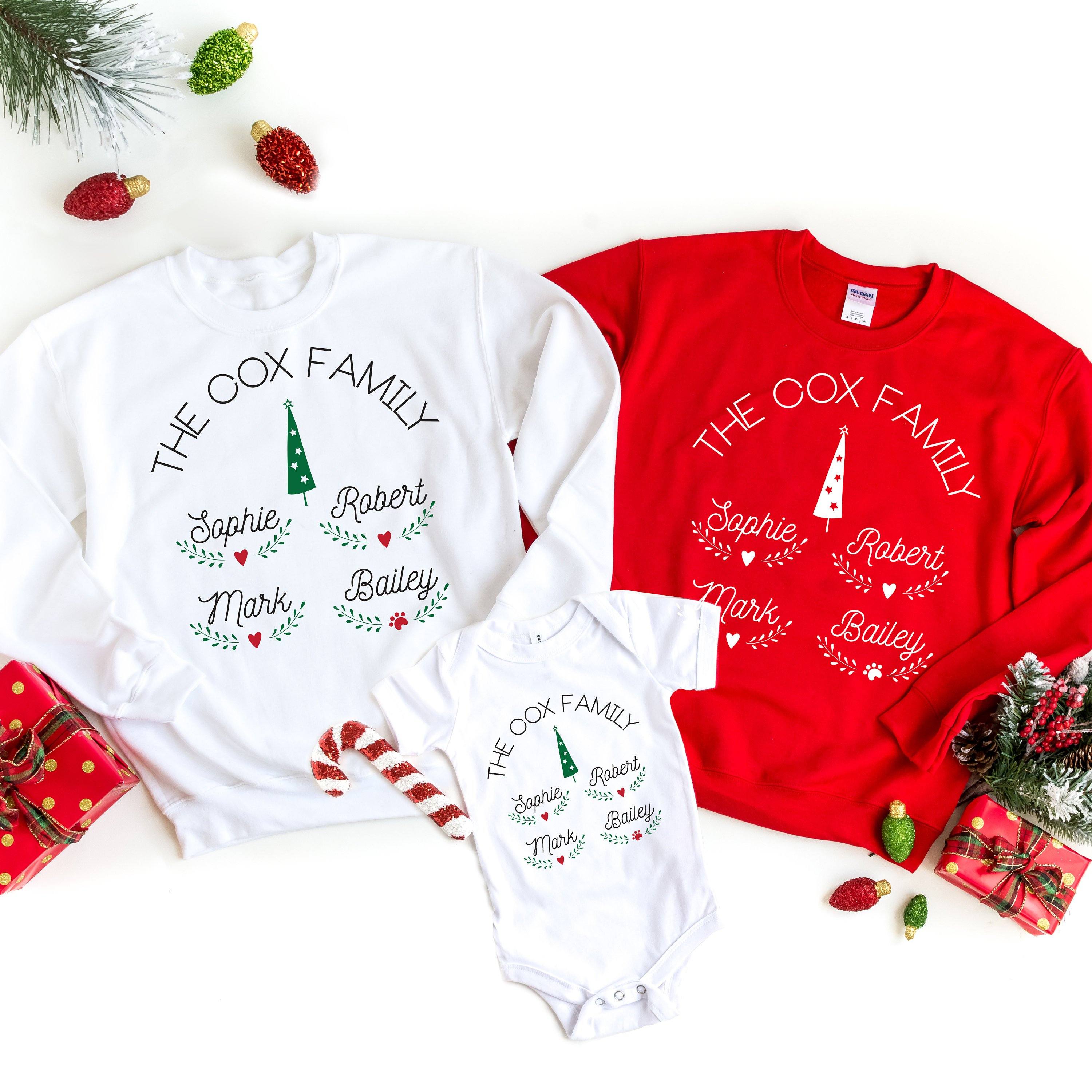 Matching Family Christmas jumper with tree and names, Mummy Daddy Kids Xmas sweatshirt, Festive family set