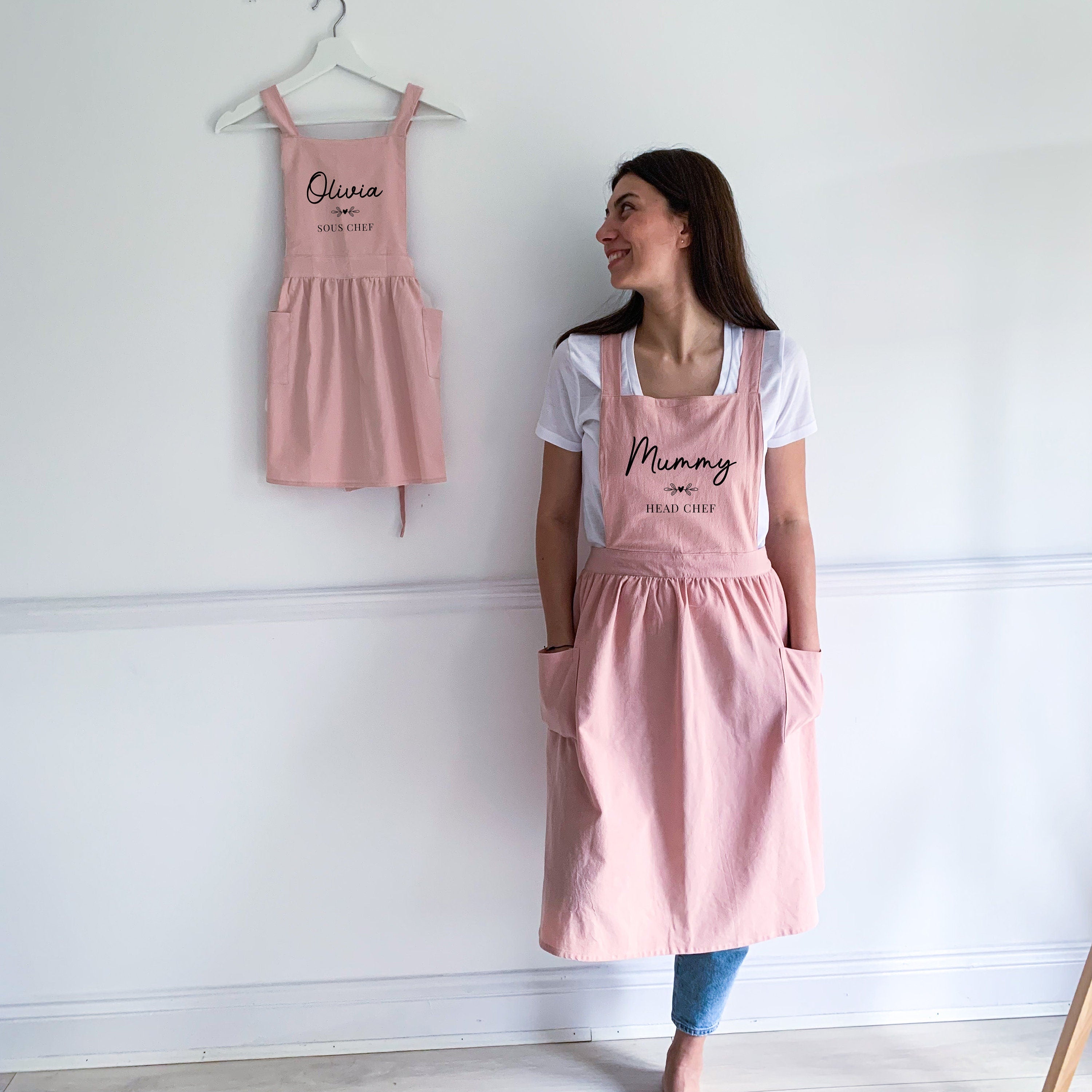 Matching Soft Linen Mum Son Daughter Aprons With Names, Mum Son Daughter Head Chef Sous Chef