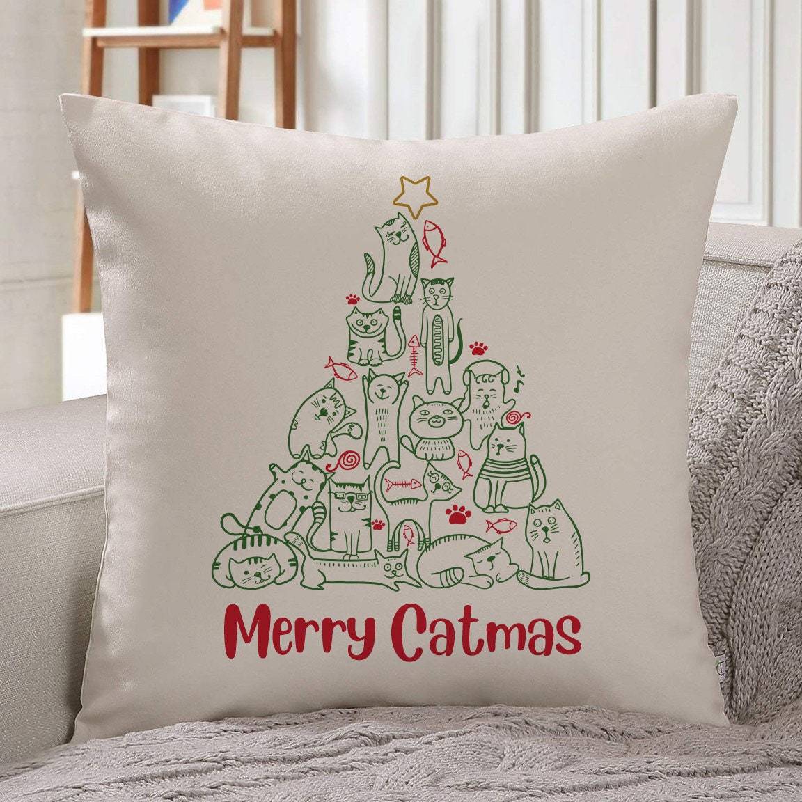 Merry catmas cushion, Cat owner Christmas gift, Catlover Xmas present
