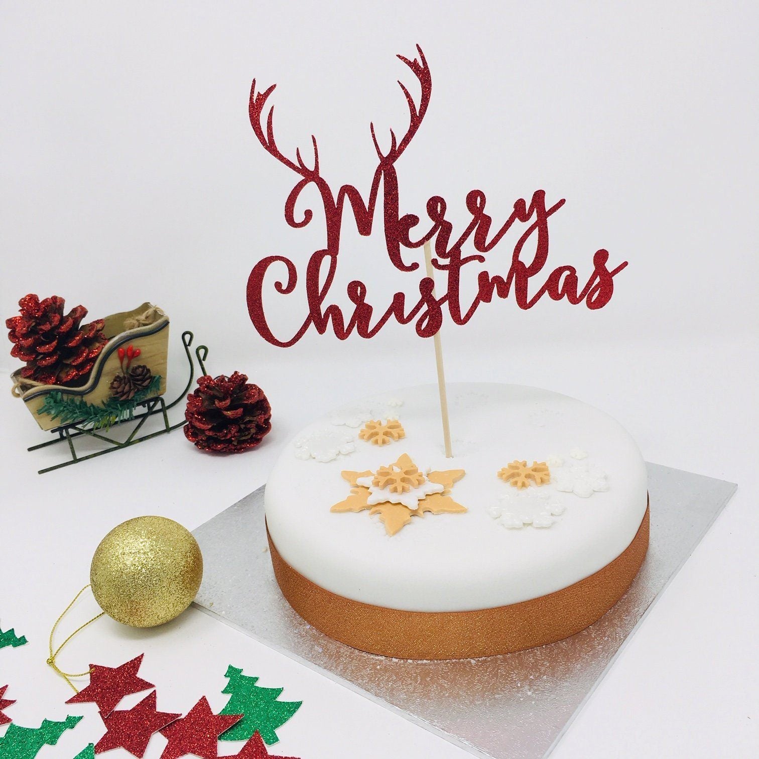 Merry Christmas Cake Topper with Reindeer Antler