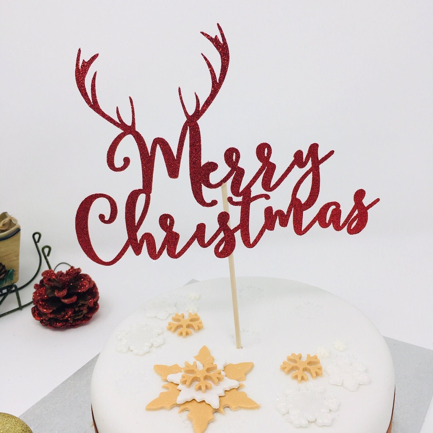 Merry Christmas Cake Topper with Reindeer Antler