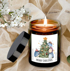 Merry Christmas Scented Candle with Cute Little Penguins w Christmas Tree