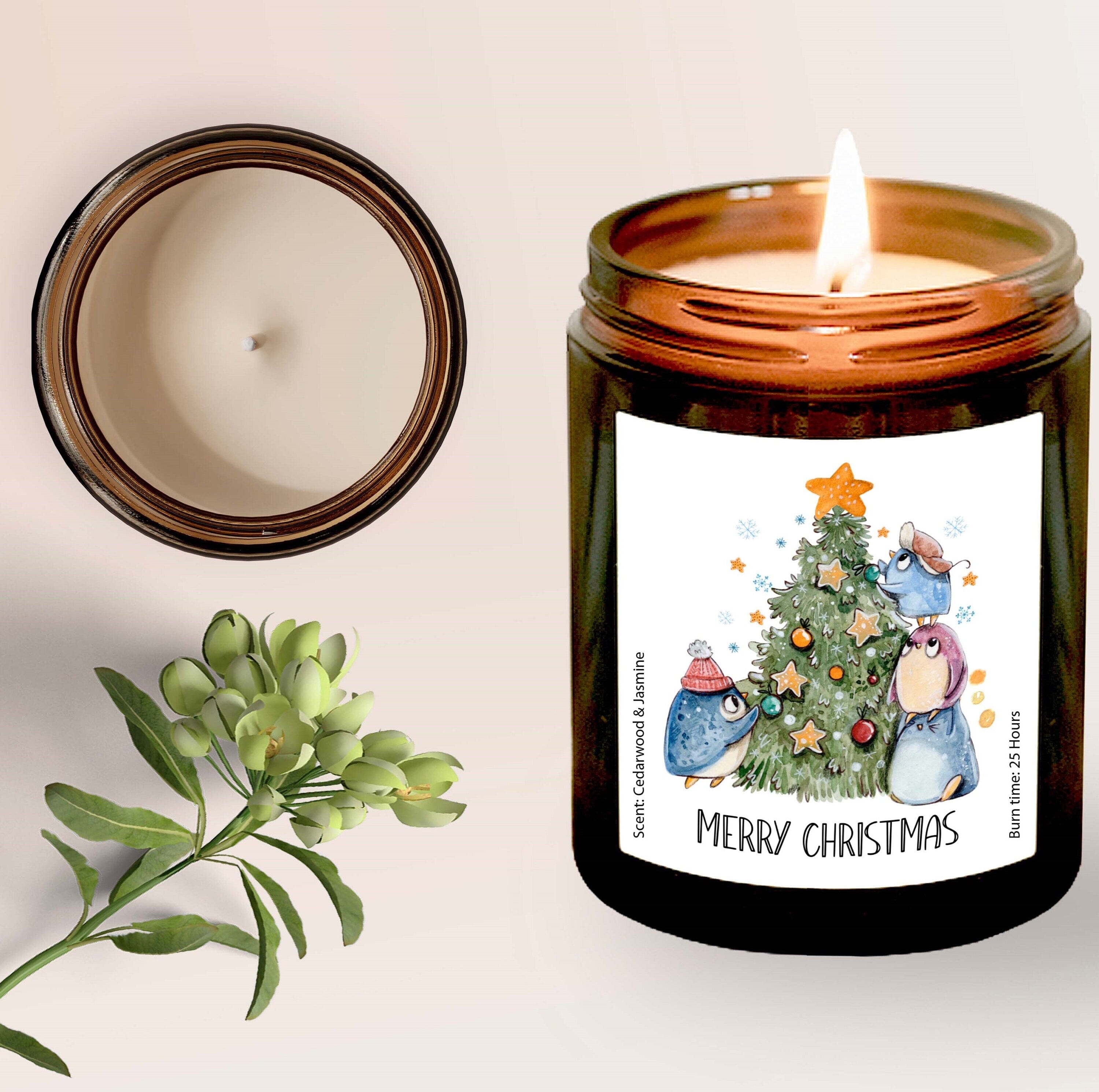 Merry Christmas Scented Candle with Cute Little Penguins w Christmas Tree