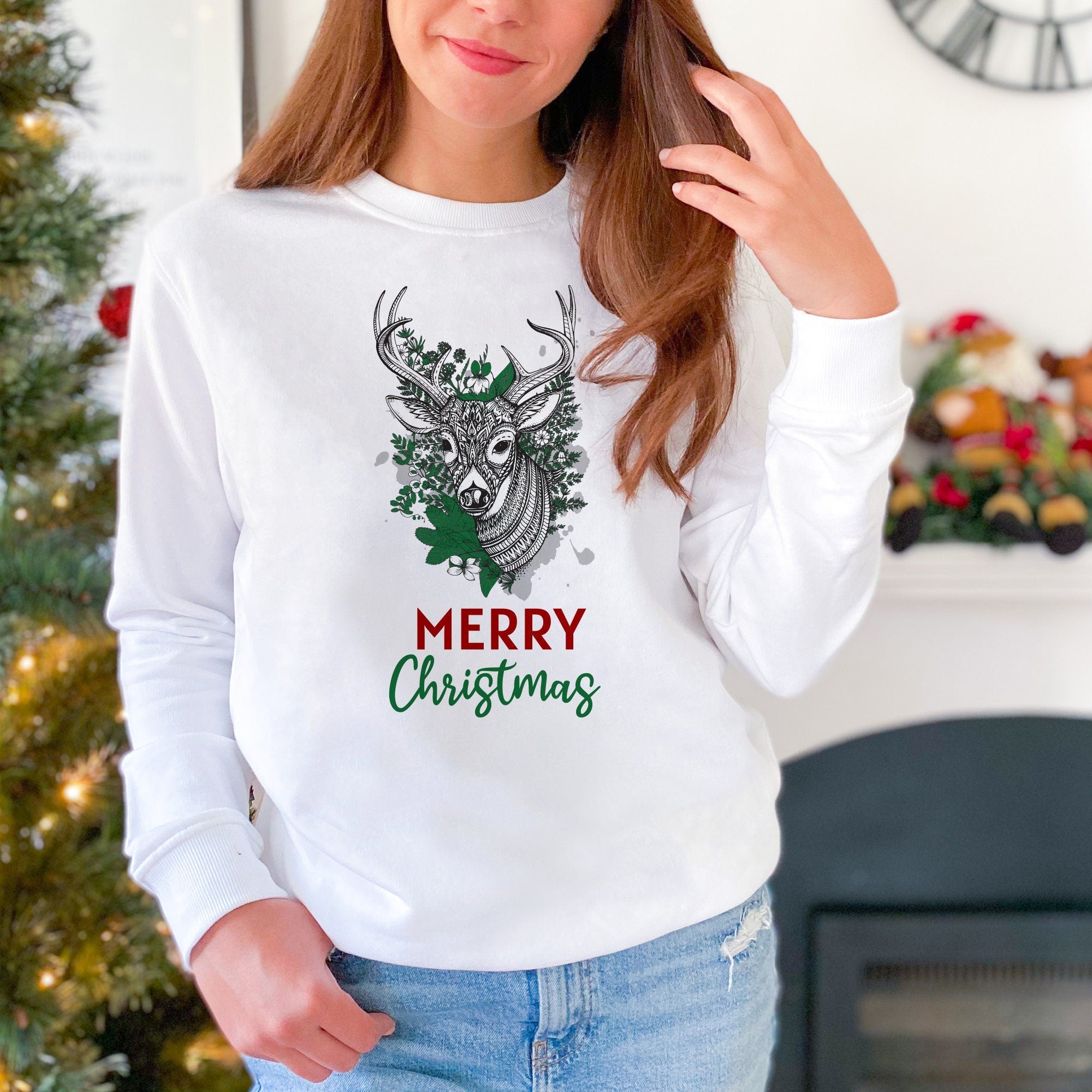 Merry Christmas sweatshirt with reindeer Eco-sustainable Xmas jumper Modern Abstract Reindeer Ladies