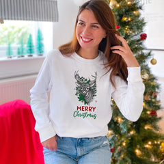 Merry Christmas sweatshirt with reindeer Eco-sustainable Xmas jumper Modern Abstract Reindeer Ladies