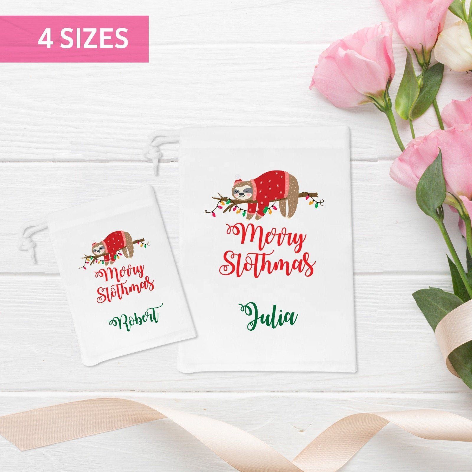 Merry Slothmas personalised drawstring bag Easy way to wrap your gifts Sloth themed