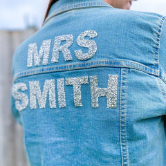 Mrs denim jacket with sparkly rhinestone letters with last name, Bridal Shower Engagement Gift, Bride to be