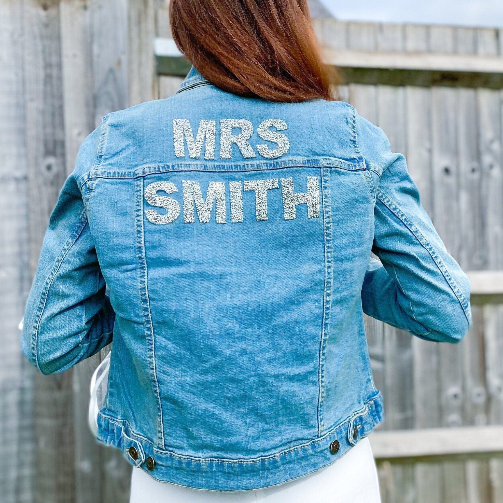 Mrs denim jacket with sparkly rhinestone letters with last name, Bridal Shower Engagement Gift, Bride to be