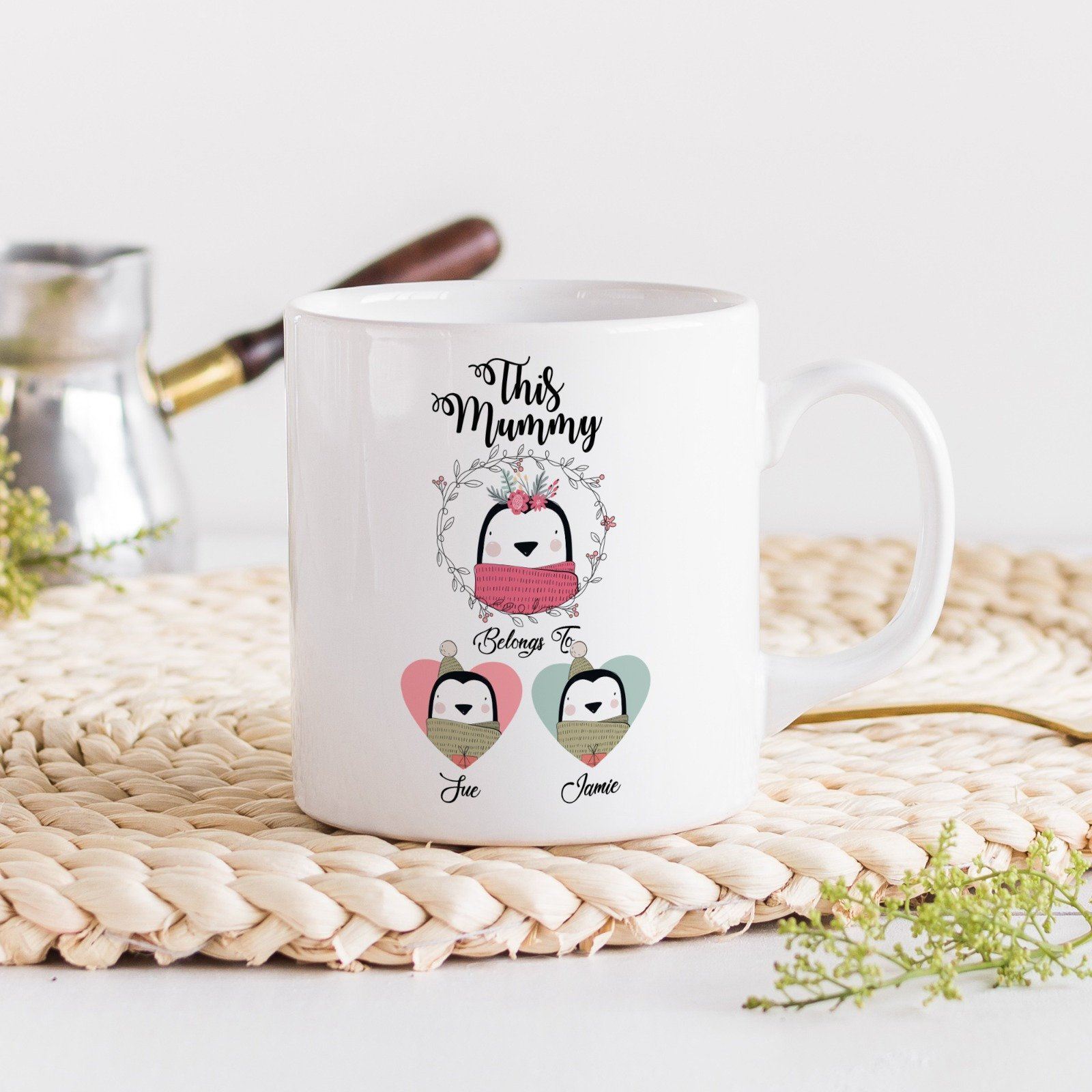 Mum mug with children names, Fox or Penguin family, Personalised Mother's Day Gift