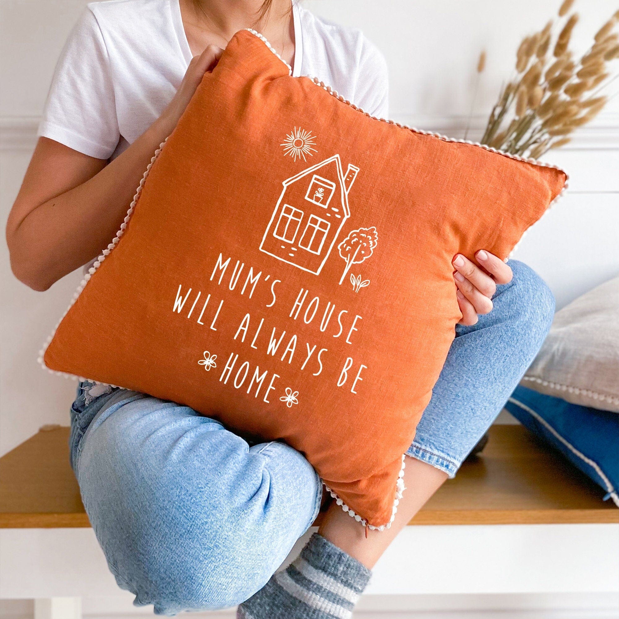 Mum's house will always be home linen cushion with mini flower trim, Mother's Day gift for mummy