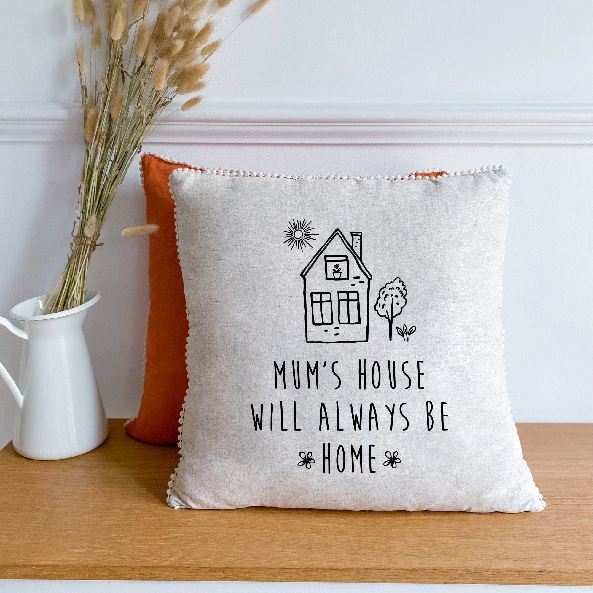 Mum's house will always be home linen cushion with mini flower trim, Mother's Day gift for mummy