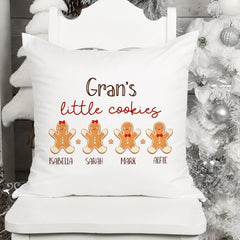Nannys Little Cookies Cushion With Grandchildren'S Names, Personalised Christmas Gift For A Nanny From Grandkids