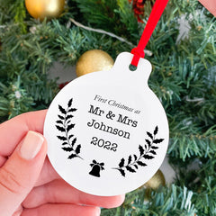 Our First Christmas As Mr And Mrs Christmas Ornament, Personalised Xmas Decor With Flowers