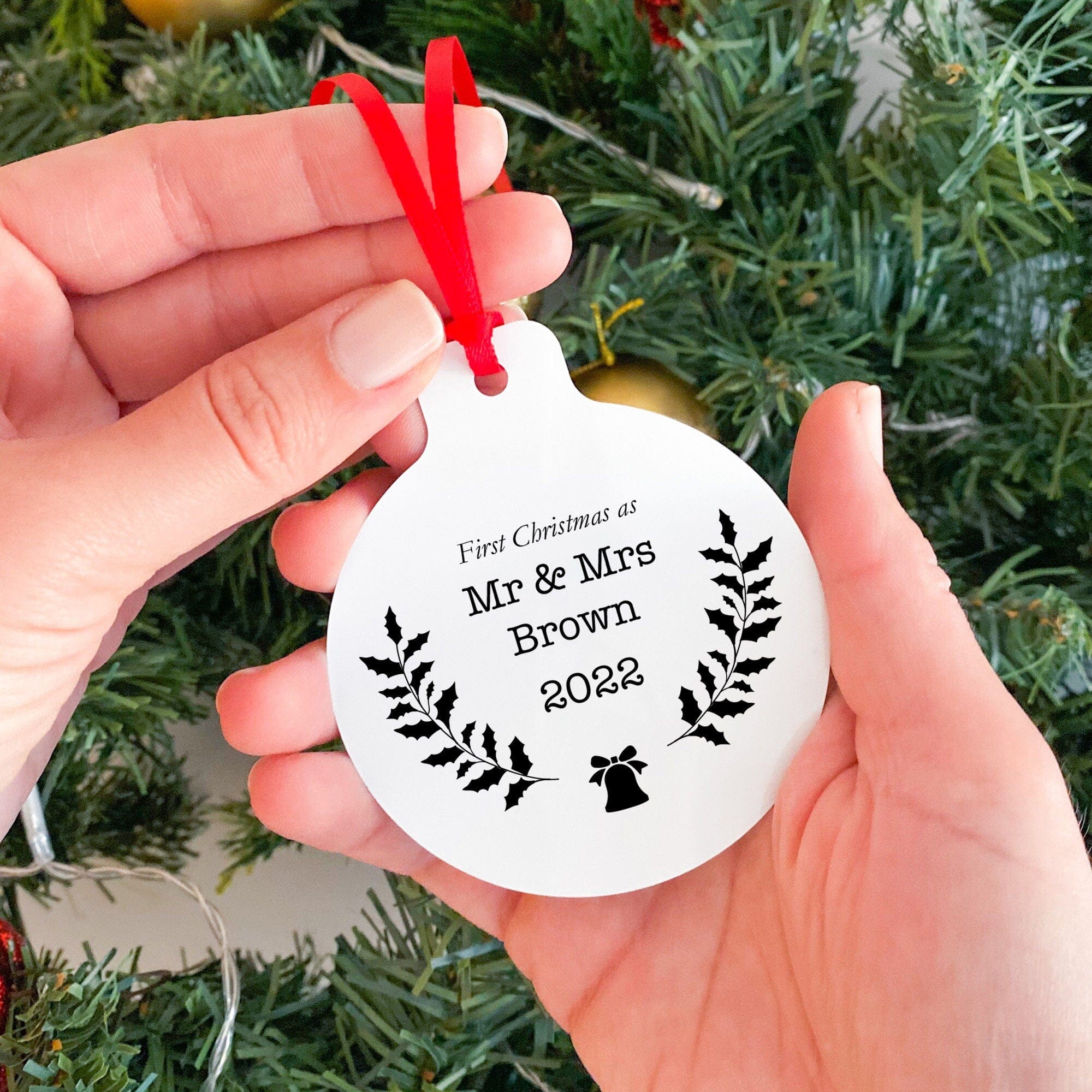 Our First Christmas As Mr And Mrs Christmas Ornament, Personalised Xmas Decor With Flowers