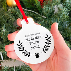 Our First Christmas As Mr And Mrs Christmas Ornament, Personalised Xmas Decor With Flowers