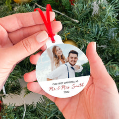 Our First Christmas as Mr and Mrs Ornament with a Photo, 1st Xmas Tree Decor with Names