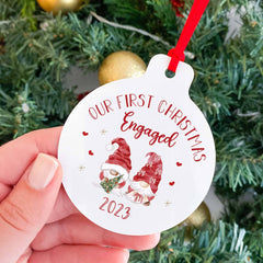 Our First Christmas Engaged 2023 Metal Ornament With Gnomes, Xmas Decor With Cute Gonks