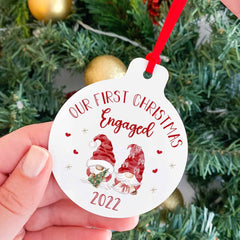 Our First Christmas Engaged 2023 Metal Ornament With Gnomes, Xmas Decor With Cute Gonks