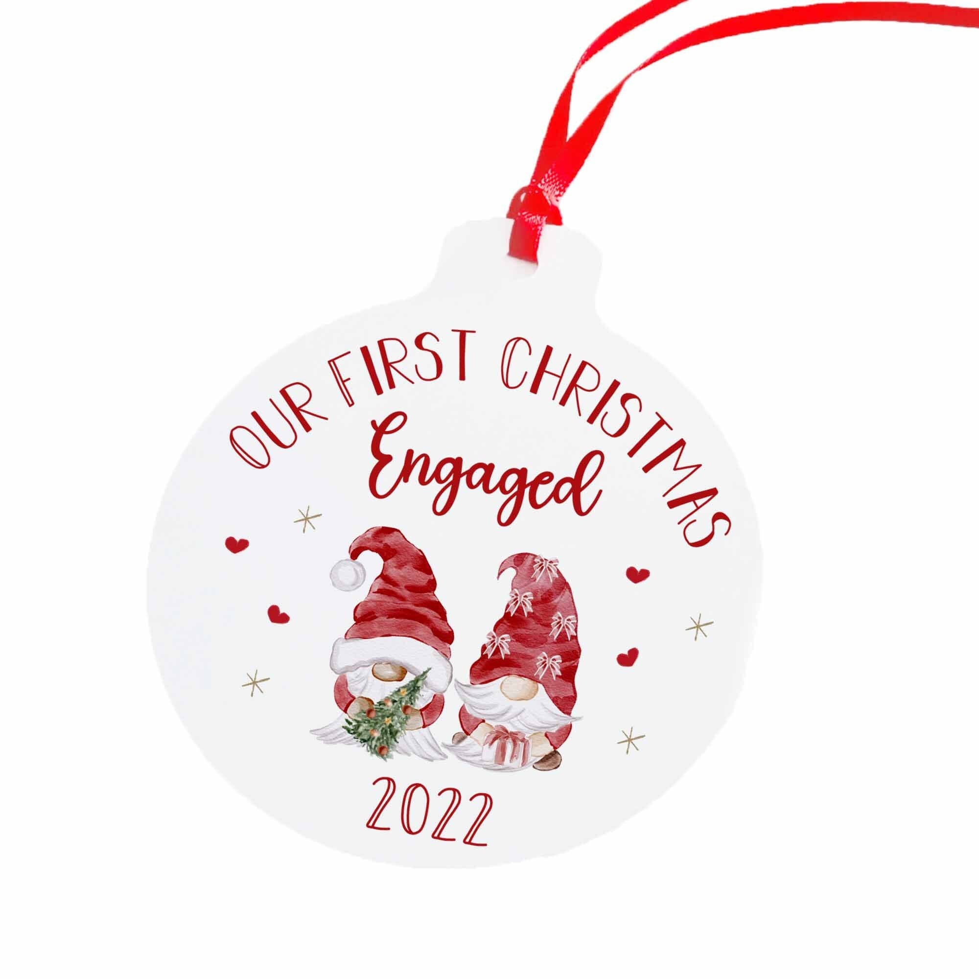 Our First Christmas Engaged Metal Ornament With Gnomes, Xmas Decor With Cute Gonks